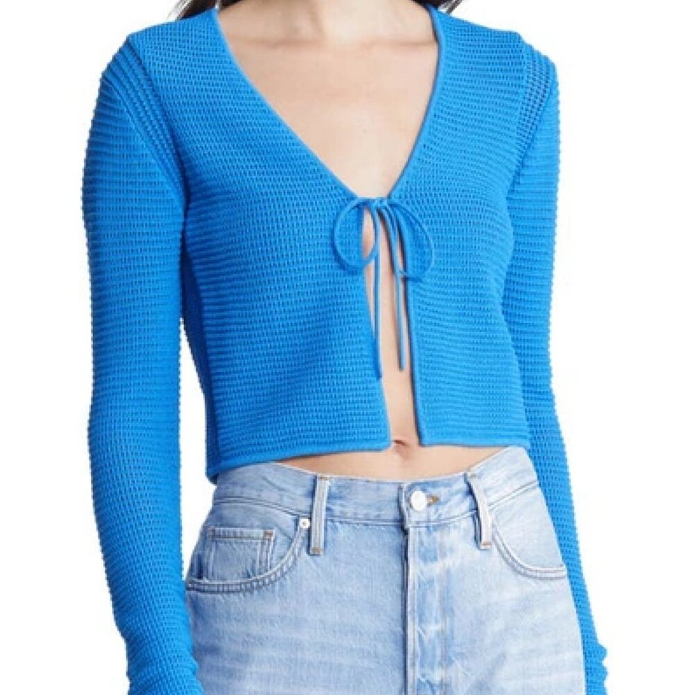 FRAME Crochet Tie-front Cropped Cardigan In Blue Size Large